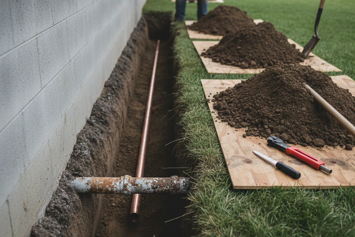 Excavated water line trench during Sewer Line Repair in Barton